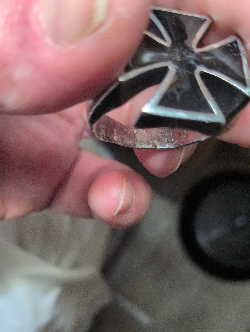 Vintage Massive Oversized Iron Cross Biker Ring Black Onyx Enamel Style Sz 15